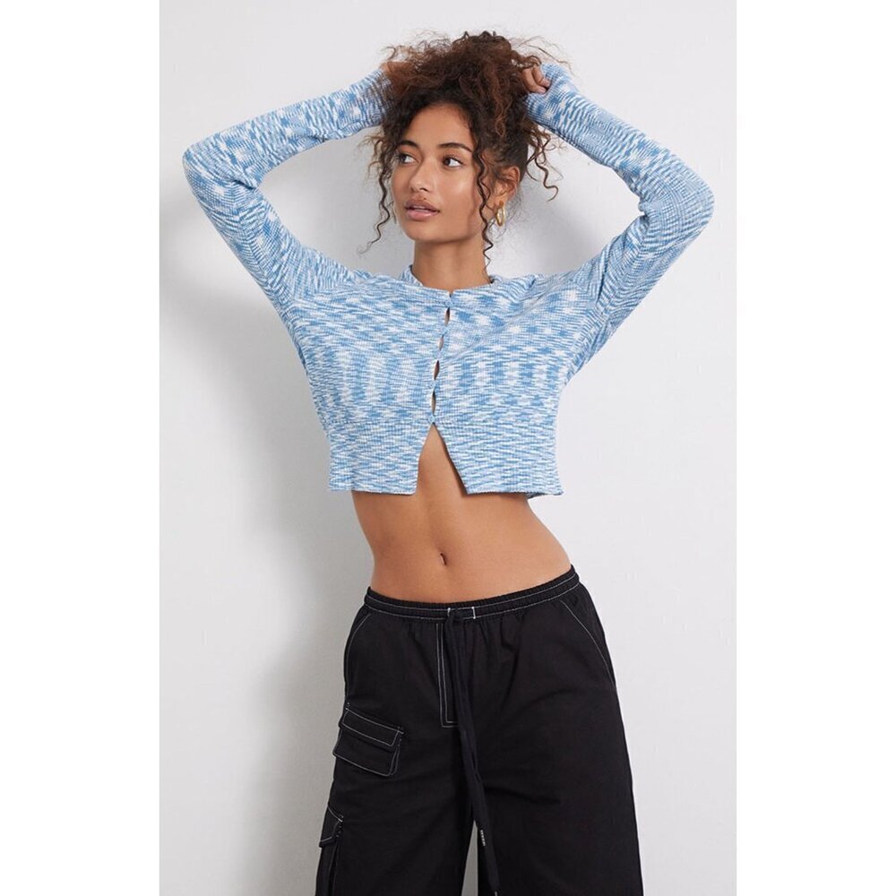 5/$25 L.A. Hearts Women's XS Uptown Keyhole Crop‎ Cardigan Blue Heather Preppy